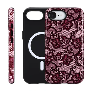 for iPhone 16e/17e Case - Wireless Charging for MagSafe, Dual-Layer Design (Hard PC Shell, Soft TPU Lining), Shockproof Protective Case for Women - Red & Gold Lace Print