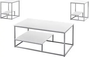 Monarch Specialties 3Pc Contemporary Design Coffee and End Table Set - White,Silver