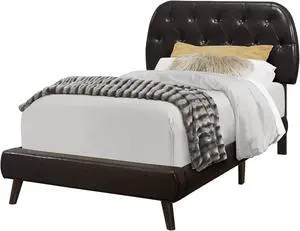 Monarch Specialties Contemporary Twin Size Bed - Brown Leather-Look with Wood Legs