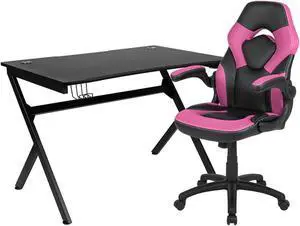 Flash Furniture Rectangle Gaming Desk and Racing Chair Set with Cup Holder, Headphone Hook, 2 Wire Management Holes and Built-in Lumbar Support - Pink/Black