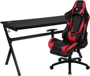 Flash Furniture Rectangle Gaming Desk and Footrest Reclining Gaming Chair Set with Cup Holder, Headphone Hook, Removable Mouse Pad Top and Wire Management - Black, Red