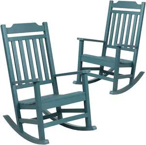 Flash Furniture Set of 2 Winston Teal Faux Wood All-Weather Rocking Chair for Indoor and Outdoor