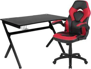 Flash Furniture Rectangle Gaming Desk and Racing Chair Set with Cup Holder, Headphone Hook, 2 Wire Management Holes and Built-in Lumbar Support - Red/Black