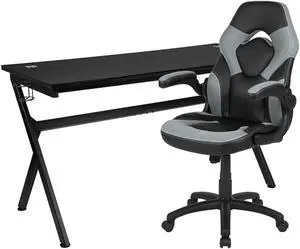 Flash Furniture Rectangle Gaming Desk and Racing Chair Set with Cup Holder, Headphone Hook, Removable Mouse Pad Top and 2 Wire Management Holes - Gray/Black