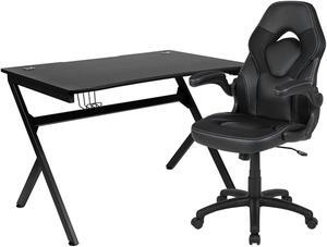 Flash Furniture Rectangle Gaming Desk and Racing Chair Set with Detachable Cup Holder, Headphone Hook, 2 Wire Management Holes and Built-in Lumbar Support - Black
