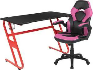 Flash Furniture Contemporary Rectangle Red Gaming Desk and Pink/Black Racing Chair Set with Cup Holder, Headphone Hook and Built-in Lumbar Support