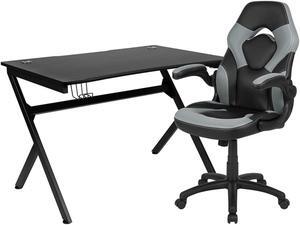 Flash Furniture Rectangle Gaming Desk and Racing Chair Set with Detachable Cup Holder, Headphone Hook, 2 Wire Management Holes and Built-in Lumbar Support - Gray/Black