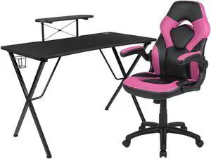 Flash Furniture Contemporary Rectangle Gaming Desk and Racing Chair Set with Cup Holder, Headphone Hook and Monitor/Smartphone Stand - Pink/Black