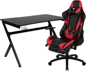 Flash Furniture Rectangle Gaming Desk and Footrest Reclining Chair Set with Detachable Cup Holder, Headphone Hook, 2 Wire Management Holes - Red/Black