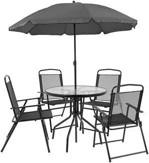 Nantucket 6 Piece Black Patio Garden Set with Table, Umbrella and 4 Folding Chairs