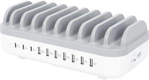 Manhattan 10-Port USB Charging Station - 120 W - 120 W - 120 V AC, 230 V AC Input - 5 V DC/3 A, 9 V DC, 12 V DC Output - White, Gray