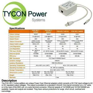 Tycon Power Gigabit 48Vdc 802.3At Input 12Vdc @ 2.1A 25W Output