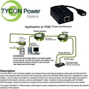 Tycon (POE-MSPLT-USB) Mini Splitter 802.3af/at or passive48 POE In, USB 15W Out