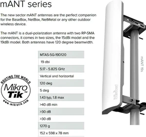 MikroTik - MTAS-5G-19D120 - (MANT 19s) 19 dBi Sectorial Antenna with Angle of Opening of 120 with Frequency Range of MikroTik - MTAS-5G-19D120 - (MANT 19s) 19 dBi Sectorial Antenna with Angle of Opening of 120 with Frequency Range of