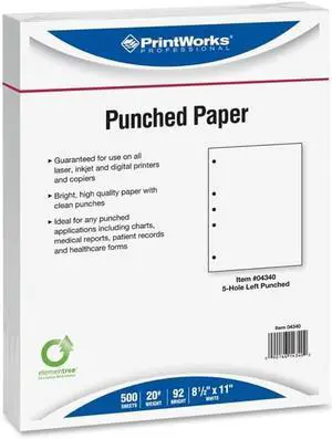 8-1/2'' x 11" Laser Cut Sheet, 20# White Stock, 5 Hole Punch Left, 5/16" Diameter (Carton of 2500)