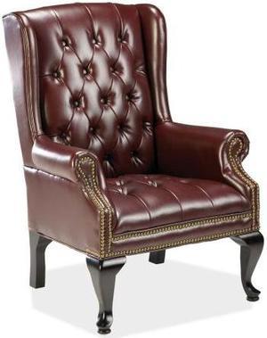 Lorell 777 QA Queen Anne Wing-Back Reception Chair - Vinyl Burgundy Seat - Hardwood Mahogany Frame - Four-legged Base -