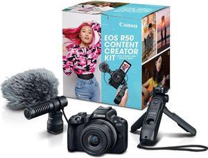 Canon 5811C059 EOS R50 Content Creator Kit - Mirrorless Vlogging Camera - 24.2 MP - 4K Video - RF-S18-45mm F4.5-6.3 IS STM Lens - Stereo Microphone - Tripod Grip