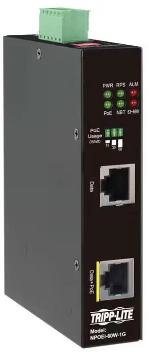 Tripp Lite NPOEI-60W-1G Industrial Gigabit Ethernet PoE Injector - Black - Single-Port RJ45 - 60 Watts PoE-Plus - TAA Compliant