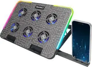 Enhance Voltaic 2 ENVOC62100CLEW Laptop Cooling Stand - Black with RGB LED Lighting - Height Adjustable Metal Top - 6 Blue LED Fans