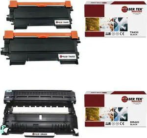 Laser Tek Services Compatible Toner Cartridge and Drum Unit Replacement for Brother TN-450 DR-420 Works with Brother HL2130 2132 2220, MFC7460 7360N, DCP7065DN Printers (2 TN450, 1 DR420) - 3 Pack