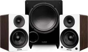 Fluance Ai41 Powered 5" Stereo Bookshelf Speakers (White Walnut), DB10 10" Low Frequency Ported Front Firing Powered Subwoofer (Natural Walnut), 15 Feet RCA Ultimate Performance Subwoofer Cable