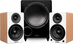 Fluance Ai41 Powered 5" Stereo Bookshelf Speakers (Lucky Bamboo), DB10 10" Low Frequency Ported Front Firing Powered Subwoofer (Black Ash), 15 Feet RCA Ultimate Performance Collection Subwoofer Cable