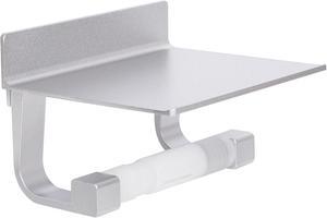 Toilet Paper Holder with Phone Shelf No Drilling Tissue Towel Holder for Bathroom Adhesive Silver