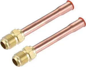 Service Access Valve, 3/8 SAE Flare Male Thread Filling Access Valves with Copper Tube for Air Conditioner Refrigeration, Pack of 2