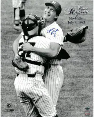 Dave Righetti signed New York Yankees 16x20 B&W Photo (celebration hug-No Hitter- July 4, 1983)