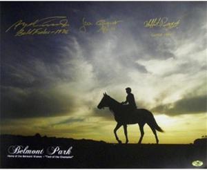Swale signed Belmont Stakes Winners Belmont Park Sunrise Horse Racing 16x20 Photo w/ 3 Sig