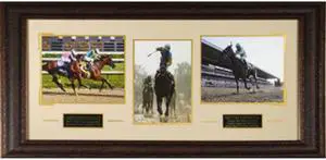 Victor Espinoza unsigned Horse Racing 3 Photo Triple Crown Leather Framed 41x19 Kentucky Derby-Preakness-Belmont Stakes