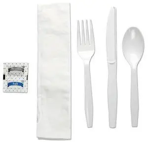 Boardwalk FKTNSMWPSWH Six-Piece Cutlery Kit, Condiment / Fork / Knife / Napkin / Teaspoon, White, 250 / Carton