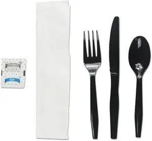 Boardwalk FKTNSMWPSBLA Six-Piece Cutlery Kit, Condiment / Fork / Knife / Napkin / Teaspoon, Black, 250 / Carton
