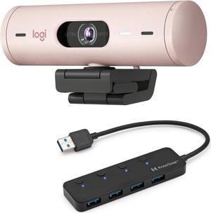 Logitech Brio 500 1080p Full HD Webcam Webcam (Rose) Bundle with 4-Port USB Hub