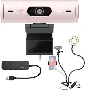 Logitech Brio 500 Webcam with Selfie Ring Light Stand and USB Hub (Rose)