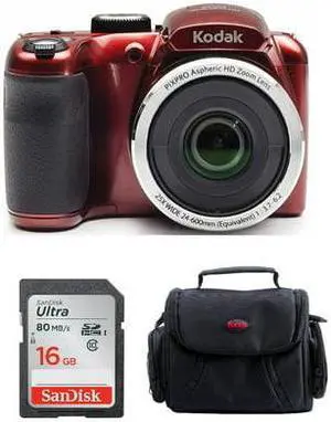 Kodak PIXPRO AZ255 Astro Zoom 16MP Digital Camera (Red) with 32 SD Card Bundle