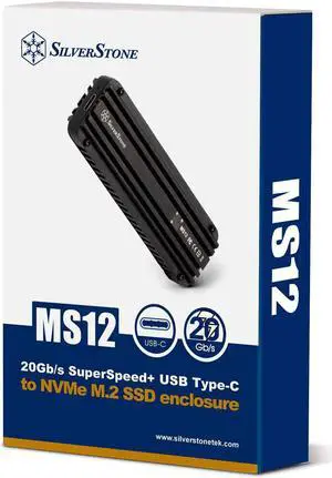 Silverstone MS12, 20Gbps SuperSpeed+ USB 3.2 Gen 2x2 Type-C to NVMe M.2 SSD Enclosure, Aluminum, Black, SST-MS12