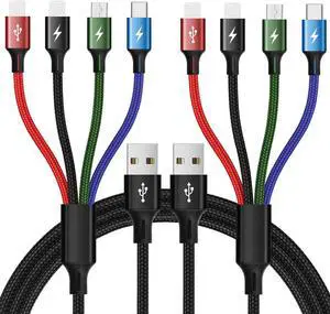 4Ft/1.2M Multi USB Charger Cord 4A 4-in-1 Charging Cable for Dual IP/USB C/Micro USB Port Adapter Compatible with Cell Phones/Tablets/Samsung Galaxy/Google Pixel/Sony/LG/Huawei(2Pack)