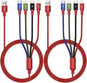 Multi USB Charging Cable 3.5A 2Pcs 6ft 4-in-1 Fast Charger Cord with Dual IP/USB-C/Micro-USB Port Adapter Compatible with Phone/Tablets/Samsung Galaxy/Google Pixel/Sony/LG/Huawei and More