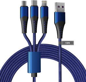 Multi 3 in 1 USB Long Charger Cable, 3M/10Ft 6A PD Fast Braided Charging Cord, Universal Multiple Ports Long Charging Cable with USB C/Micro USB/Lightning Connector
