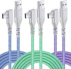 Pofesun USB C Cable 90 Degree Right Angle 3-Pack 10ft Braided USB A to USB C Fast Charging Type C Charger Compatible for Samsung Galaxy S20 S10 S9 S8 Plus Note10 9 8 LG G8 G6 V40 V30-Blue,Green,Purple