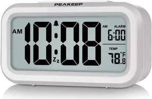 Peakeep Night Light Digital Alarm Clock Battery Operated with Indoor Temperature, Desk Small Clock (White)