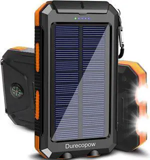 Solar Charger Power Bank 20000mAh Portable Outdoor Waterproof Solar Battery Charger Camping External Backup Battery Pack USB C Ports Input/Output 2 Led Light Flashlight with Compass (Orange)