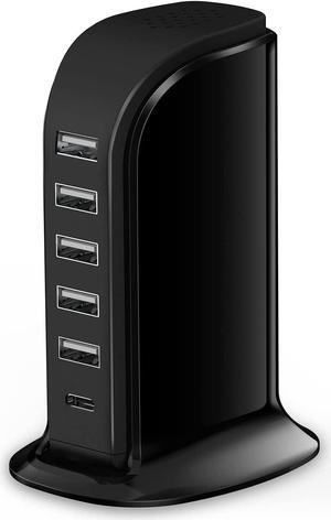 Charger Block 6 in 1 40W USB C Charger 3A Charging Hub with 5 USB Ports(Shared 6A) for Multiple Electronics USB Charging Station Multiports Universal Desktop Phone Charger Travel Ready Black