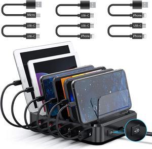 PD USB-C Charging Station, COSOOS 81W 6-Port USB Charging Station for Multiple Devices with 3 PD 20W USB-C Charger & 6 Mixed Short Cables, Fast Multi USB Charger Station