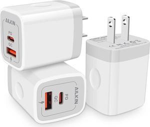 3Pack Dual Port USB-C Wall Plug-in USB Charger, AILKIN 20W Power Delivery + QC3.0 USB A Double Port Fast Charging Block for iPhone 15 14 13 12 Pro Max 14 Pro 12 Mini 11 Pro Max 14 Plus 11 SE X XS Cube