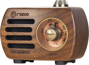 PRUNUS Wood Retro FM Radio Bluetooth Mini Portable Wooden Old Vintage Radio Speaker Rechargeable Battery Operated Strong Bass Enhancement Loud Volume Support AUX in Walnut R818