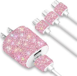 Bling USB Wall Charger with Charging Cable,Fast Block for iPhone Android,3 in 1 Multi Cable Micro USB Type C Multiple USB Cord with Crystal Decor,Cell Phone Accessories for Women,Girls (Pink)