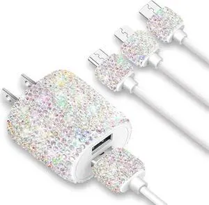 Bling USB Wall Charger with Charging Cable,Fast Block for iPhone Android,3-in-1 Multi Charger Cable Micro USB Type C Multiple USB Cord with Crystal,Cell Phone Accessories for Women,Girls (Multicolor)