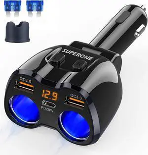 Cigarette Lighter Splitter, SUPERONE 180W 2-Socket Cigarette Lighter Adapter with Dual QC3.0 and 20W PD USB C Car Charger Splitter for GPS/Dash Cam/Laptop/iPad/iPhone 13 Pro Max/13/12/11/X, Samsung
